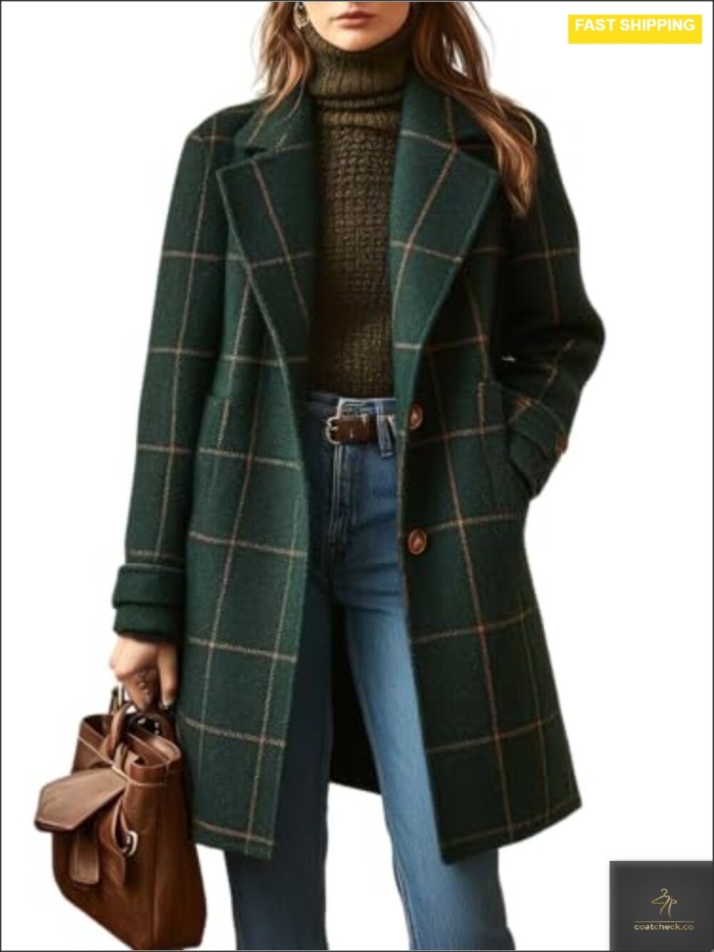 Retro Plaid Notched Lapel Pea Coat Wool Blend Button Closure Overcoat